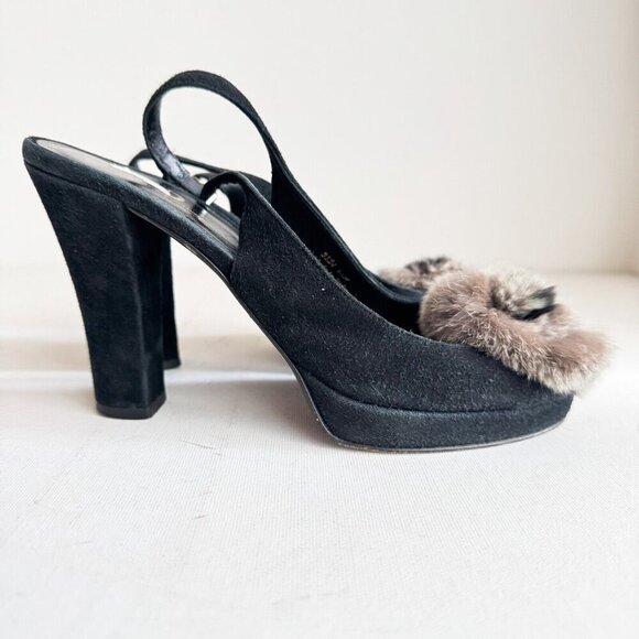 Suede Leather Fur Rosette Detail Peep toe Sling Back Heels 6.5 - Picture 4 of 11